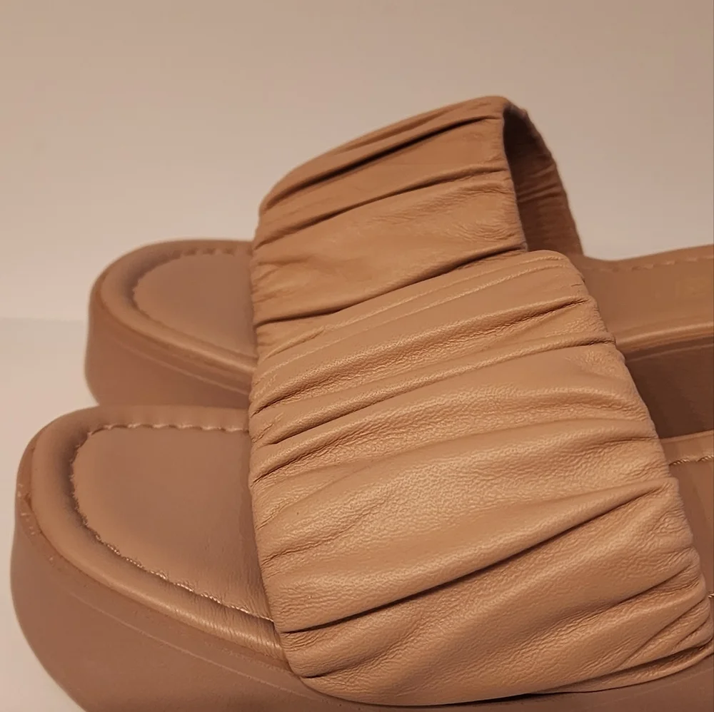 Seychelles Ruched Slide Platform Sandals in Tan